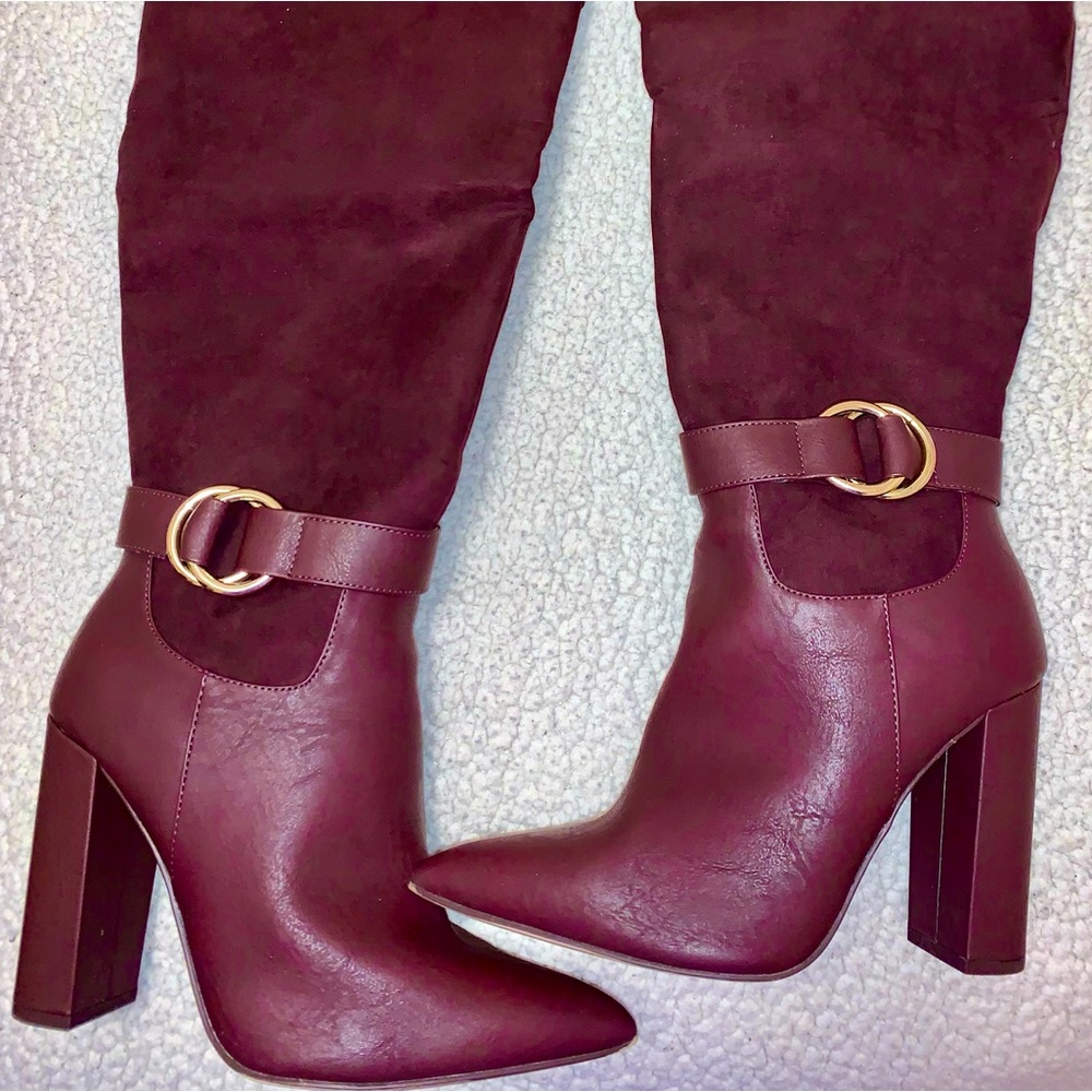 Shoe Dazzle Block Heel Over the Knee Boots, Bordeaux
